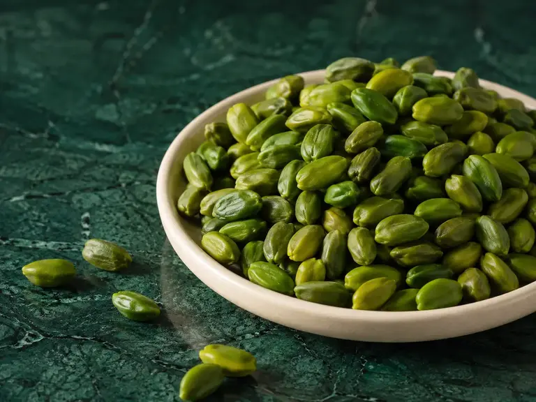 Green peeled pistachio kernels — temporary image
